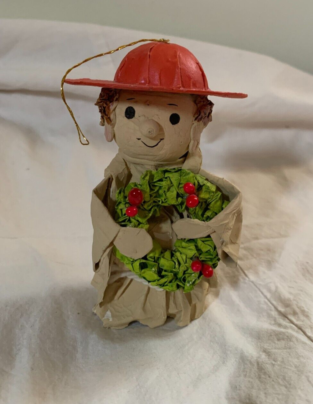 Vintage Paper Mache Christmas Ornament RED HAT Wreath Franciscan Monk Gift 5.5"